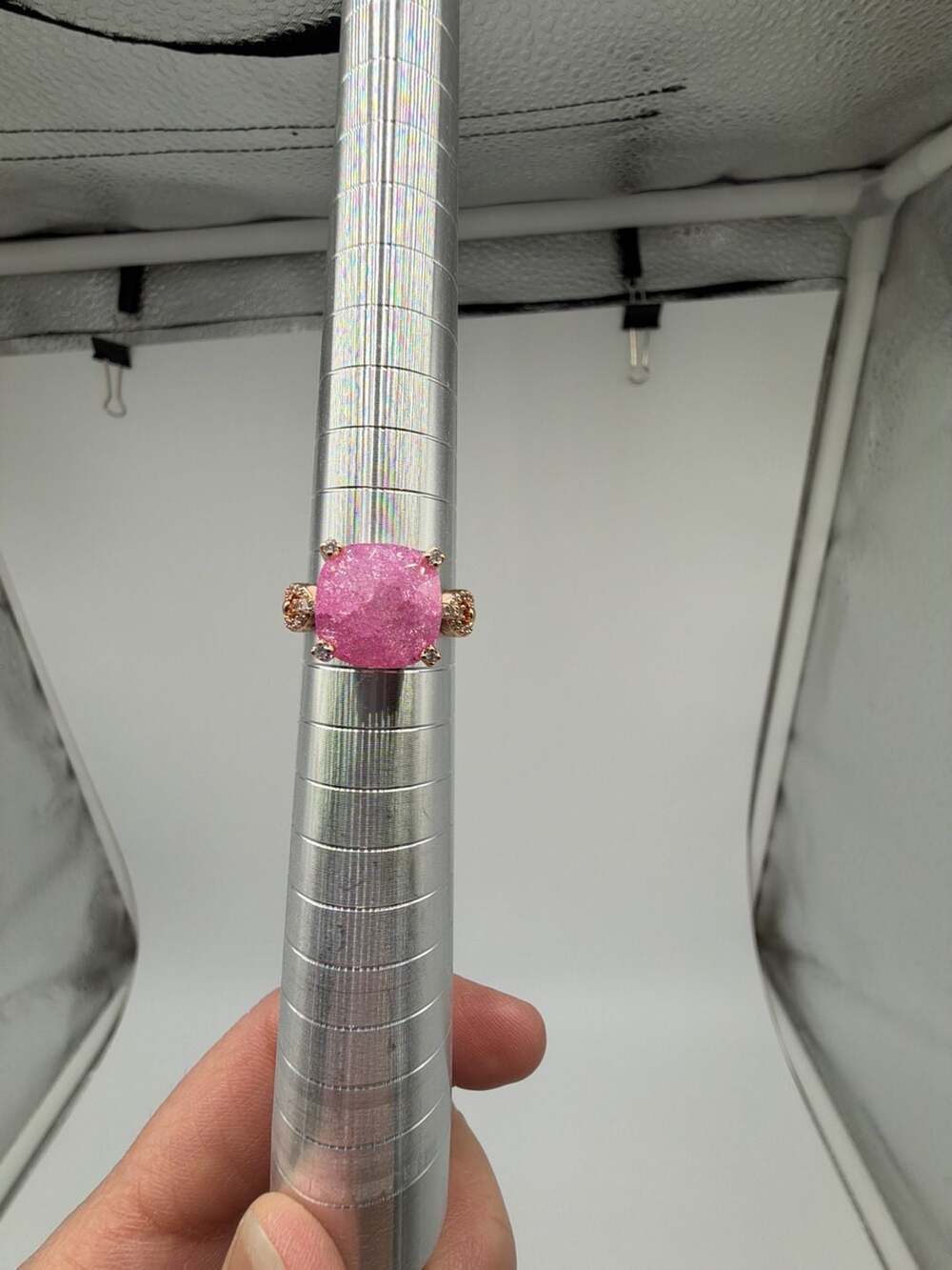 Bomb Party Ring Size 8 Pink Ice Crystal Rose Gold with Links